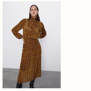 Zara Mock Neck Printed Maxi‎ Dress Balloon Sleeve Smocked Waist Size XS preppy